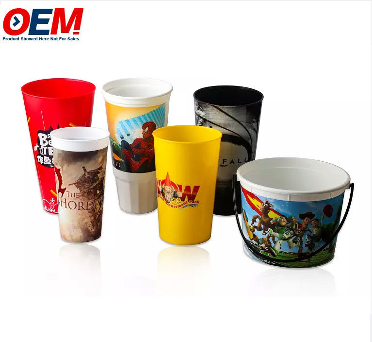 Contenitore di buona qualità OEM, secchiello per popcorn in plastica con stampa personalizzata a cartoni animati, tazza con coperchio per la promozione
